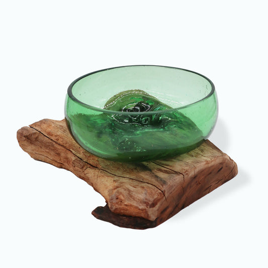 Molton Recycled Beer Bottle Glass Large Wide Bowl On Wooden Stand