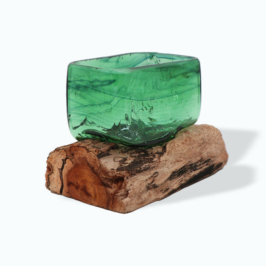 Molton Recycled Beer Bottle Glass Square Bowl On Wooden Stand