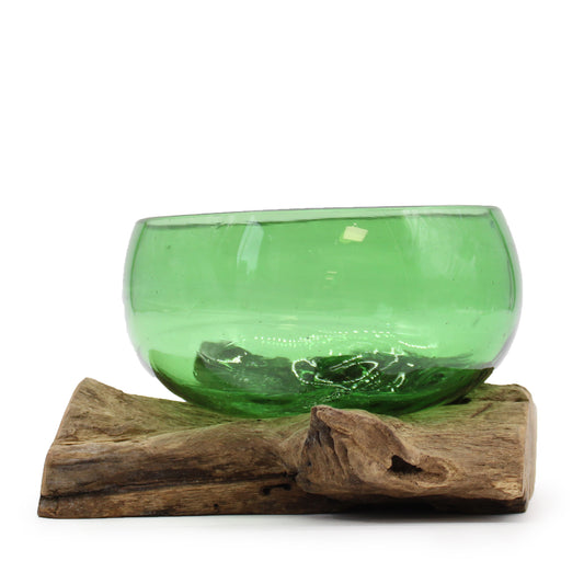 Molton Recycled Beer Bottle Glass Wide Bowl On Wooden Stand